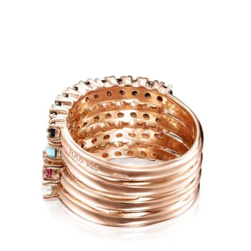 Anillo con baño de oro rosa 18 kt sobre plata y gemas multicolor Straight^TOUS Discount