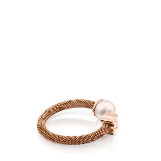 Anillo de acero con baño de oro rosa 18 kt sobre plata y perla cultivada motivo oso Icon Mesh^TOUS New
