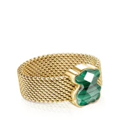 Anillo de acero IP dorado y malaquita facetada motivo oso Mesh Color^TOUS Hot