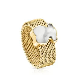 Anillo de acero IP dorado y howlita facetada motivo oso Mesh Color^TOUS