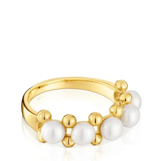 Anillo mediano con baño de oro de 18 kt sobre plata y perlas cultivadas Gloss^TOUS Hot