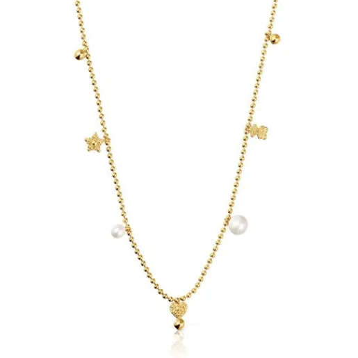 Collar corto con baño de oro de 18 kt sobre plata, perlas cultivadas y motivos Grain^TOUS New