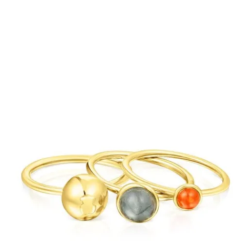 Pack de tres anillos con baño de oro 18 kt sobre plata y gemas Plump^TOUS Best