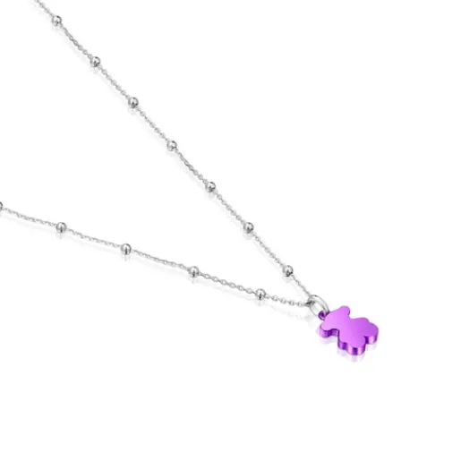 Pack gargantilla de plata y colgante oso de acero en color lila 12 mm Sweet Dolls^TOUS Outlet