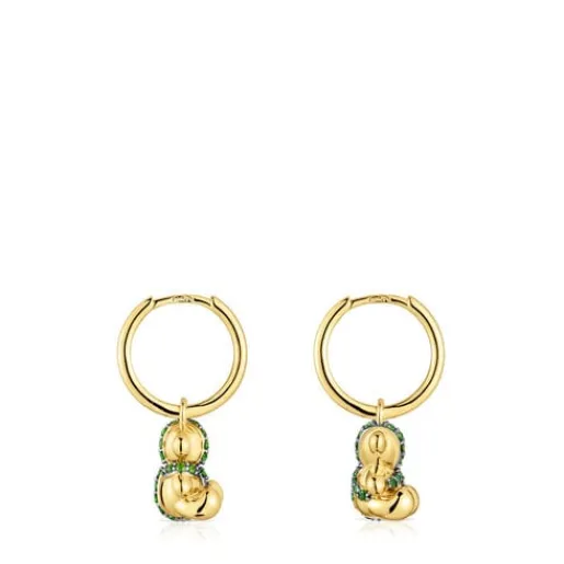 Pendientes aro cortos oso con baño de oro 18 kt sobre plata y cromodiópsido Lligat^TOUS Hot
