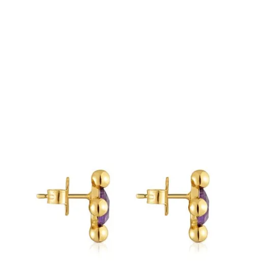 Pendientes cortos con baño de oro 18 kt sobre plata y amatista Sugar Party^TOUS