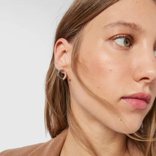 Pendientes grandes disco con baño de oro rosa 18 kt sobre plata y gemas Straight^TOUS Discount