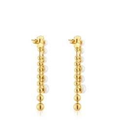Pendientes largos dobles con baño de oro de 18 kt sobre plata y perlas cultivadas Gloss^TOUS