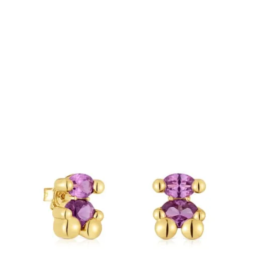 Pendientes motivo oso con baño de oro 18 kt sobre plata y zafiro lila creado en laboratorio 13 mm Color Bear LGG^TOUS Online