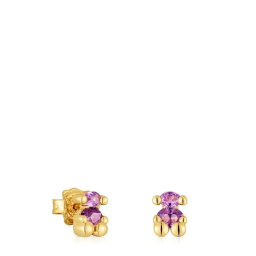 Pendientes motivo oso con baño de oro 18 kt sobre plata y zafiro lila creado en laboratorio 8 mm Color Bear LGG^TOUS Hot