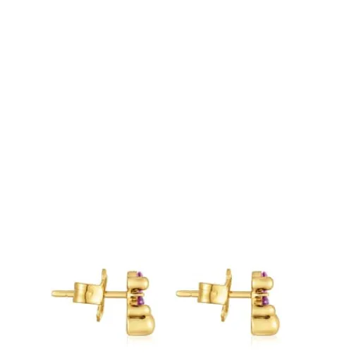 Pendientes motivo oso con baño de oro 18 kt sobre plata y zafiro lila creado en laboratorio 8 mm Color Bear LGG^TOUS Hot