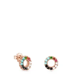 Pendientes pequeños disco con baño de oro rosa 18 kt sobre plata y gemas Straight^TOUS New