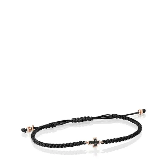 Pulsera cruz con baño de oro rosa 18 kt sobre plata, espinelas y cordón negro Motif^TOUS Discount