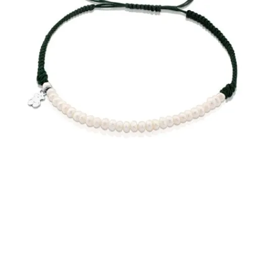 Pulsera de plata, perla cultivada y cordón en color verde Color^TOUS Discount