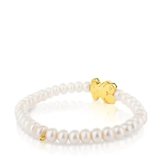 Pulsera elástica de oro y perlas cultivadas motivo oso de 1,15cm, 19cm, Sweet Dolls^TOUS