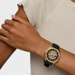 Reloj analógico automático con caja de acero IPG dorado y brazalete de silicona negra Now^TOUS Best