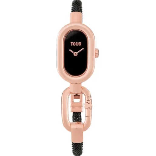 Reloj analógico con brazalete de acero IP negro y caja de acero IPRG rosado Hold Oval^TOUS Hot