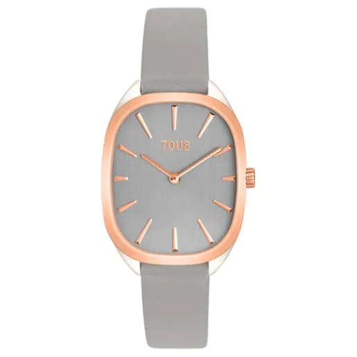 Reloj analógico de acero IPRG rosa con correa de piel gris Heritage^TOUS Clearance