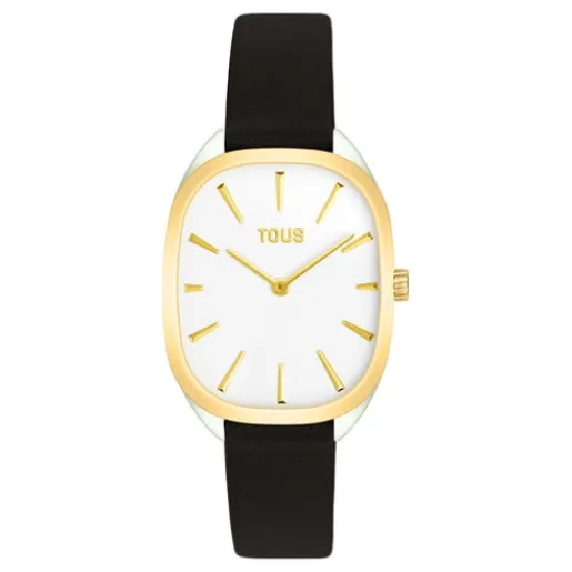 Reloj analógico de acero IPG dorado con correa de piel negra Heritage^TOUS Outlet