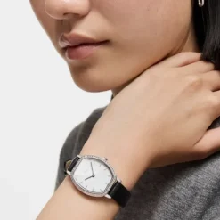 Reloj con movimiento suizo analógico de acero con 0,54 ct en diamantes y brazalete de piel negra Les Classiques^TOUS Clearance