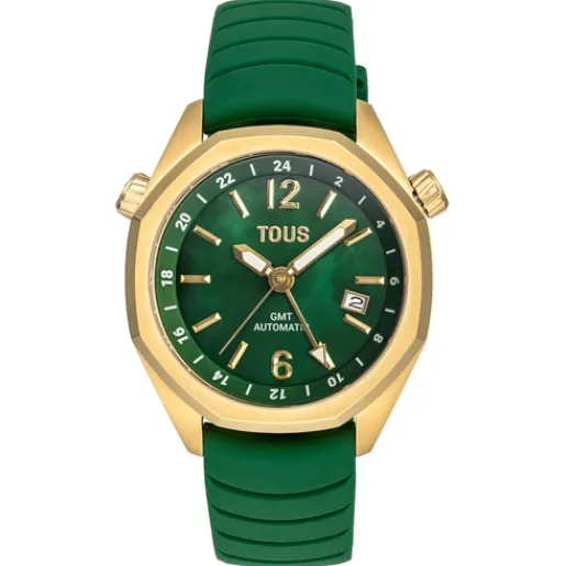 Reloj gmt automático con correa de silicona verde, caja de acero IPG dorado y esfera de nácar Now^TOUS Outlet