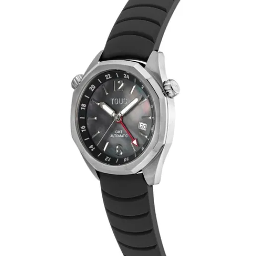 Reloj gmt automático con correa de silicona negra, caja de acero y esfera de nácar Now^TOUS Hot